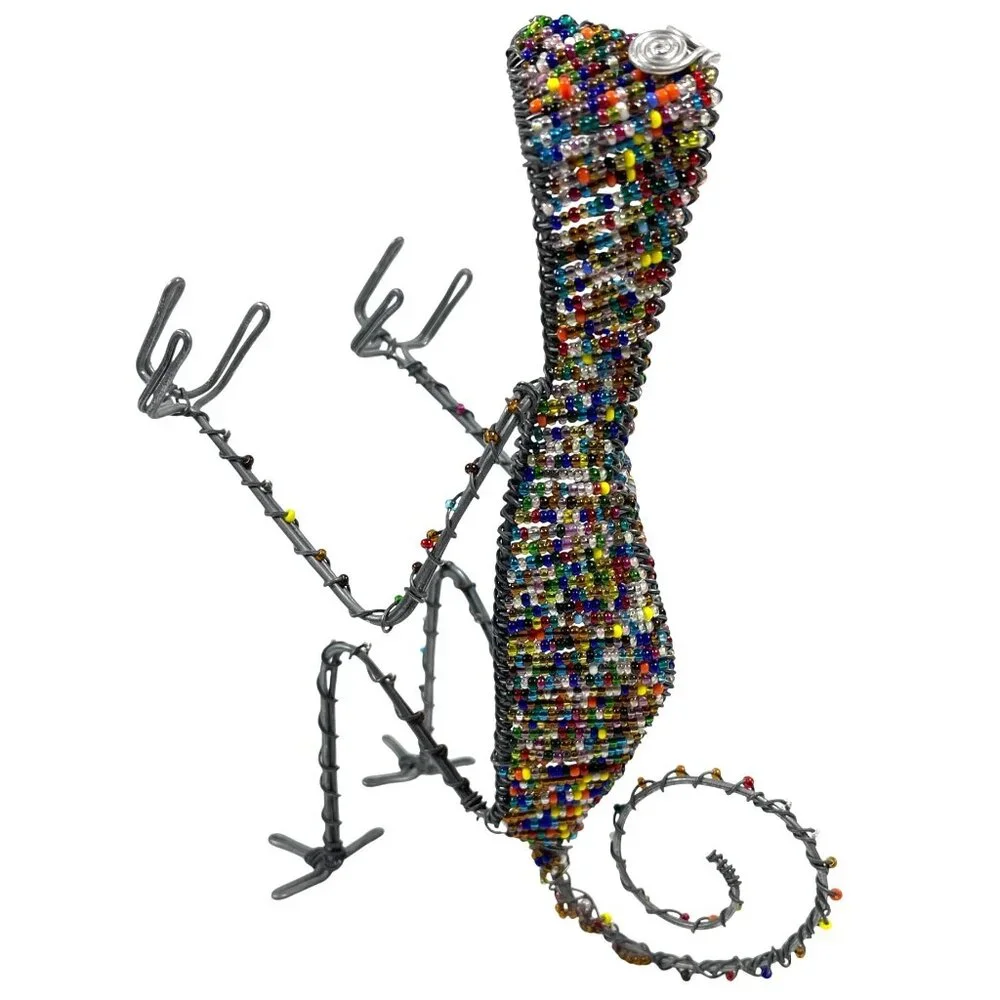 South Africa Handmade Glass Bead Wire Chameleon Lizard Card Pen Holder Vintage - Picture 4 of 10